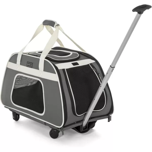 PETSFIT Airline Approved Cat Carrier with Wheels Designed for Small DogsCats with Adjustable Safety Rope ampamp Removable WheelsGrayWhite