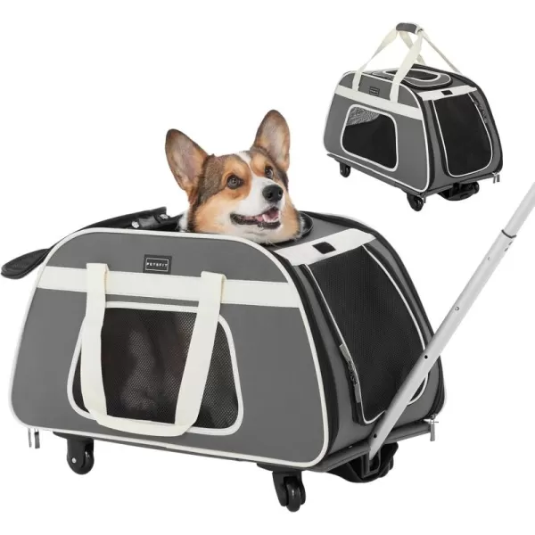 PETSFIT Airline Approved Cat Carrier with Wheels Designed for Small DogsCats with Adjustable Safety Rope ampamp Removable WheelsGrey