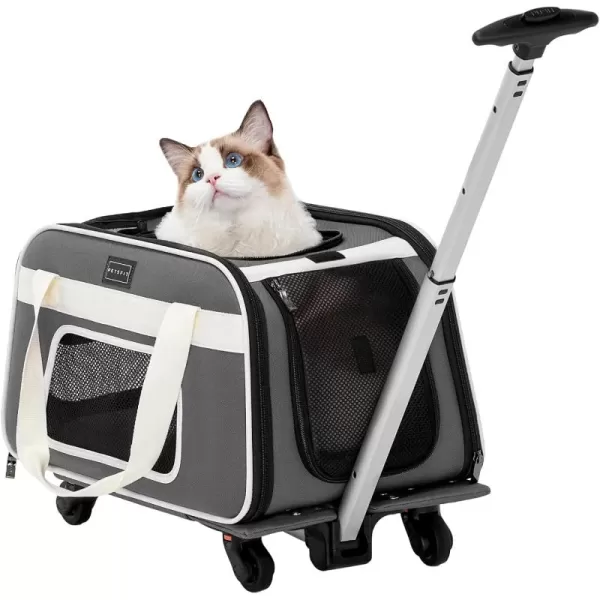 PETSFIT Airline Approved Cat Carrier with Wheels Designed for Small DogsCats with Adjustable Safety Rope ampamp Removable WheelsM Grey