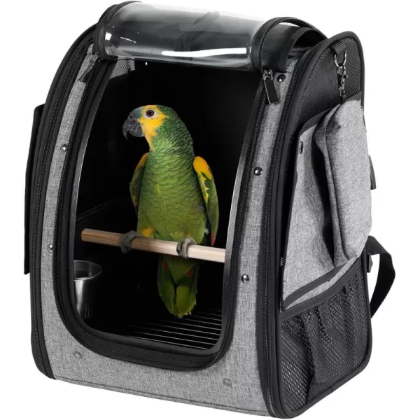 Petsfit Bird Carrier Medium Size with Stainless Steel Bowl Parrot Backpack Includes Slide Tray for Easy Cleaning 13quot x 10quot x 16quotGrey A