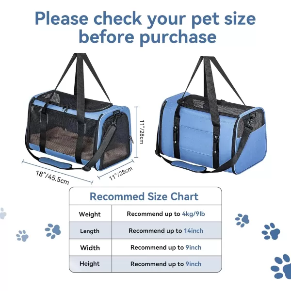 Petsfit 18 x 11 x 11 Airline Approved Pet Carrier Upgraded Patented Car Buckle Soft Sided Cat Carrier 4 Side Ventilated with Adjustable Shoulder Straps and Soft CushionBlueBlue