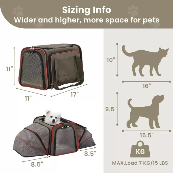 Petsfit 2 Side Expandable Pet Carrier Dog Carrier Cat Carrier for 2 Cats 19quot Lx 12quot Wx 12quot H with Soft Cushion Builtin Safety Rope Pockets Fit for Car TravelGray Brown