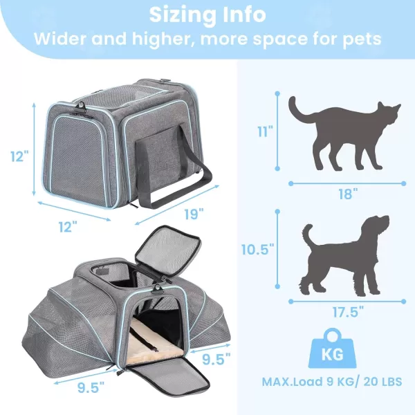 Petsfit 2 Side Expandable Pet Carrier Dog Carrier Cat Carrier for 2 Cats 19quot Lx 12quot Wx 12quot H with Soft Cushion Builtin Safety Rope Pockets Fit for Car TravelLight Grey
