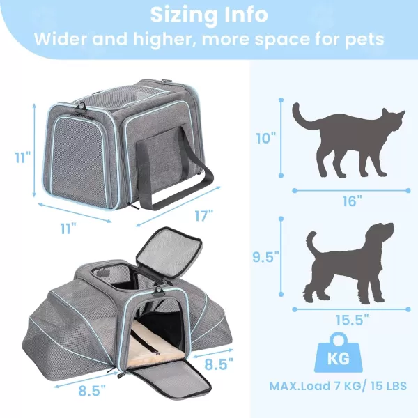 Petsfit Expandable Rabbit Carrier Bunny Carriers 16 Inch Airline Approved Pet Carrier with 2 Extensions Soft Washable Cushion SelfLocking Zipper Head Builtin Safety Rope Fit for TravelLight Grey