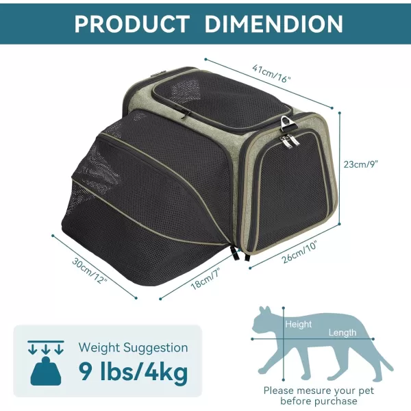 Petsfit Expandable Rabbit Carrier Small Cat Carrier Airline Approved 16X10X9 Inches SoftSided Portable Small Animal Travel Bag for KittenPuppyBunnyGuinea PigGreen