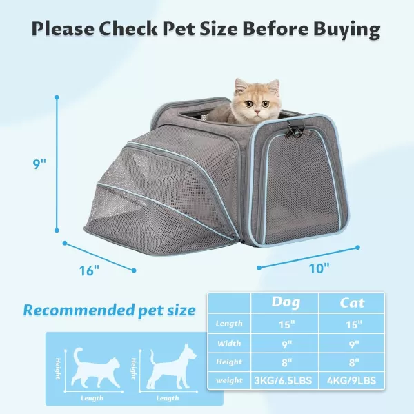 Petsfit Expandable Rabbit Carrier Small Cat Carrier Airline Approved 16X10X9 Inches SoftSided Portable Small Animal Travel Bag for KittenPuppyBunnyGuinea PigLight Gray