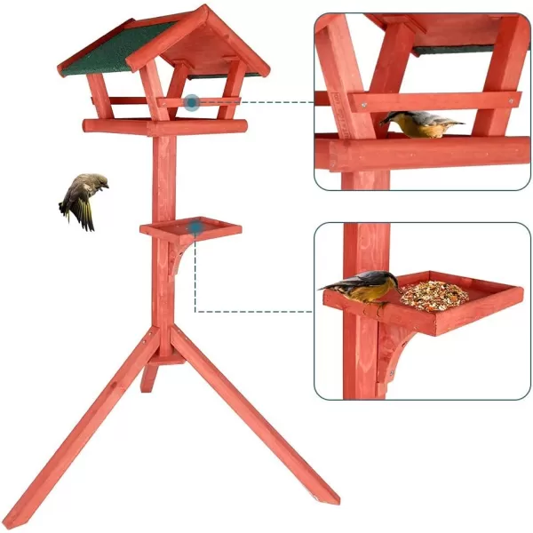 Petsfit Outdoor Bird Feeder Stand Wooden Bird Table Tray Feeder Pole Hanger for Outside with Real Shingles and Tripod Base 47quot High MediumGolden Red