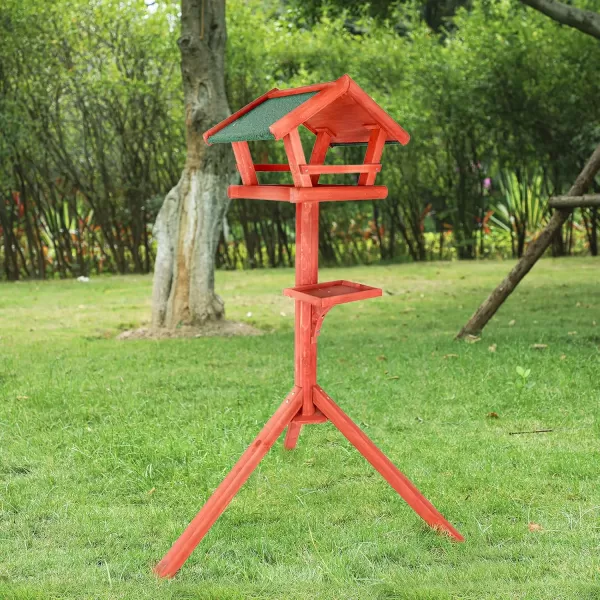 Petsfit Outdoor Bird Feeder Stand Wooden Bird Table Tray Feeder Pole Hanger for Outside with Real Shingles and Tripod Base 47quot High MediumGolden Red