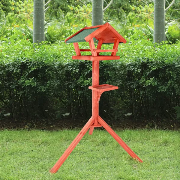 Petsfit Outdoor Bird Feeder Stand Wooden Bird Table Tray Feeder Pole Hanger for Outside with Real Shingles and Tripod Base 47quot High MediumGolden Red