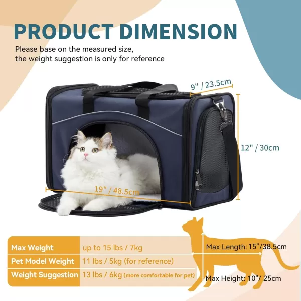 Petsfit TSA Approved Pet Carrier for Small Cats DogsTwoWay Placement Cat Carrier for Cat Small Animals with Removable Soft Padding on 2 Sides 19 x 9 x 12 Inches NavyNavy