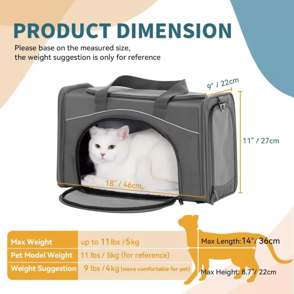 Petsfit TSA Approved Pet Carrier for Small Cats DogsTwoWay Placement Cat Carrier for Cat Small Animals with Removable Soft Padding on 2 Sides 19 x 9 x 12 Inches NavyGrey