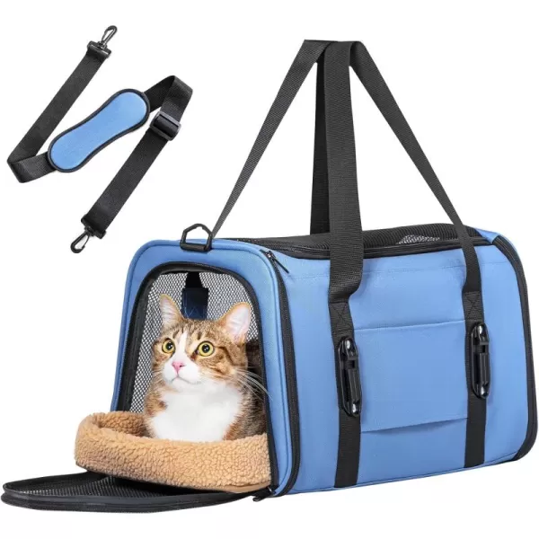 Petsfit 18 x 11 x 11 Airline Approved Pet Carrier Upgraded Patented Car Buckle Soft Sided Cat Carrier 4 Side Ventilated with Adjustable Shoulder Straps and Soft CushionBlueBlue