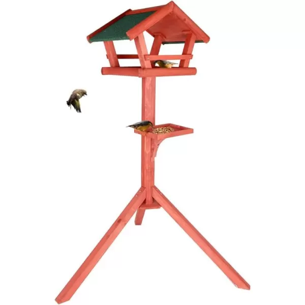 Petsfit Outdoor Bird Feeder Stand Wooden Bird Table Tray Feeder Pole Hanger for Outside with Real Shingles and Tripod Base 47quot High MediumGolden Red