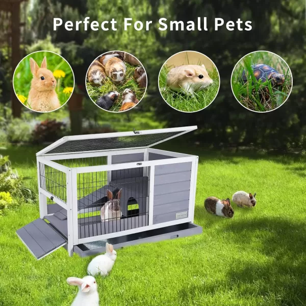 PETSFIT Guinea Pig House Leak Proof Design Spruce Wood Rabbit Hutch with Bottom Net Hideout for Rest and Ramp for Enter and Out Solid GreyLight Grey