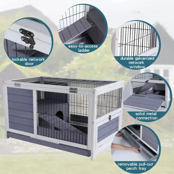 PETSFIT Guinea Pig House Leak Proof Design Spruce Wood Rabbit Hutch with Bottom Net Hideout for Rest and Ramp for Enter and Out Solid GreyLight Grey