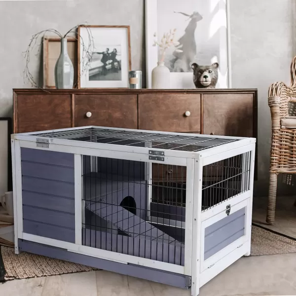 PETSFIT Guinea Pig House Leak Proof Design Spruce Wood Rabbit Hutch with Bottom Net Hideout for Rest and Ramp for Enter and Out Solid GreyLight Grey