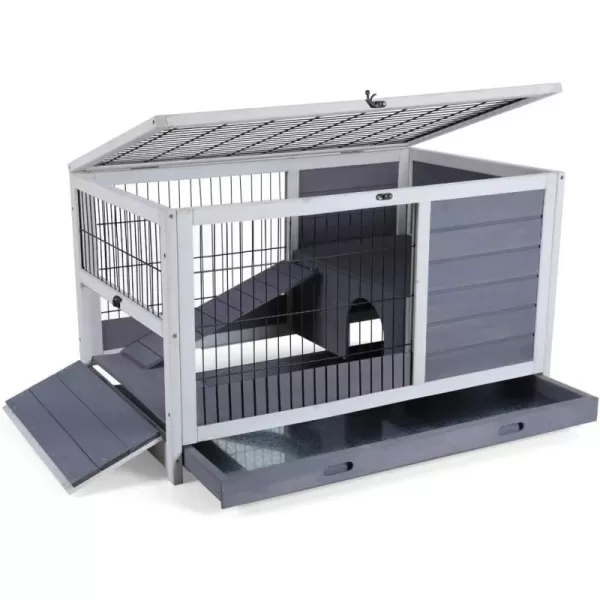 PETSFIT Guinea Pig House Leak Proof Design Spruce Wood Rabbit Hutch with Bottom Net Hideout for Rest and Ramp for Enter and Out Solid GreyLight Grey