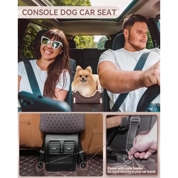 PETSFIT Center Console Dog Car Seat with Safe Protection Hooks Pet Car Seat with Upgraded Safety Tethers Washable Cushion Console Dog Car Seats for Small Dogs Deep GreyBrown