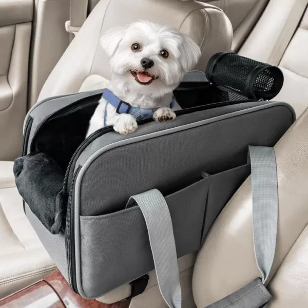 PETSFIT Multipurpose Console Dog Car Seat Portable Small Dog Car Seat for Dogs Cat Carrier Pet Carrier Airline Approved with Safety Tether and Pockets Light GreyDeep Grey