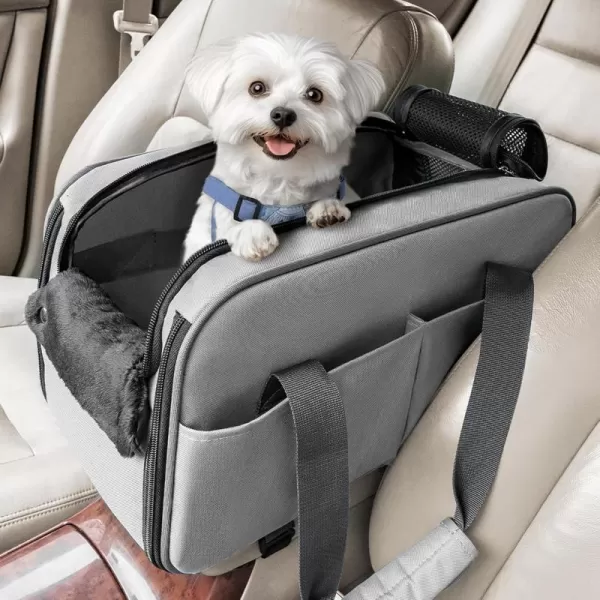 PETSFIT Multipurpose Console Dog Car Seat Portable Small Dog Car Seat for Dogs Cat Carrier Pet Carrier Airline Approved with Safety Tether and Pockets Light GreyLight Grey