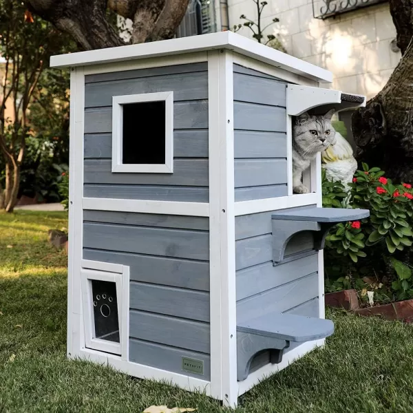 Petsfit Cat House Outdoor Weatherproof for 12 Cats Sizing 34quot Lx18 Wx23 HWooden Outside Cat House with Corrido and Escape Door WhiteGrey