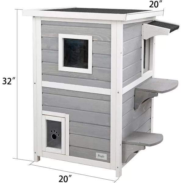 Petsfit Cat House Outdoor Weatherproof for 12 Cats Sizing 34quot Lx18 Wx23 HWooden Outside Cat House with Corrido and Escape Door WhiteGrey