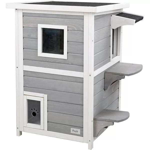 Petsfit Cat House Outdoor Weatherproof for 12 Cats Sizing 34quot Lx18 Wx23 HWooden Outside Cat House with Corrido and Escape Door WhiteGrey