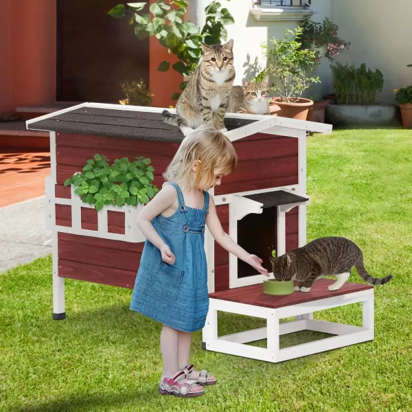 Petsfit Cat House Outdoor Weatherproof for 12 Cats Sizing 34quot Lx18 Wx23 HWooden Outside Cat House with Corrido and Escape Door WhiteSinge StroyRed