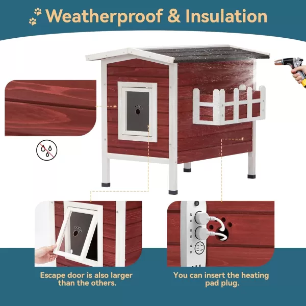 Petsfit Cat House Outdoor Weatherproof for 12 Cats Sizing 34quot Lx18 Wx23 HWooden Outside Cat House with Corrido and Escape Door WhiteSinge StroyRed