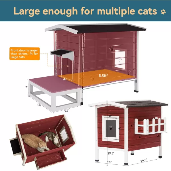 Petsfit Cat House Outdoor Weatherproof for 12 Cats Sizing 34quot Lx18 Wx23 HWooden Outside Cat House with Corrido and Escape Door WhiteSinge StroyRed