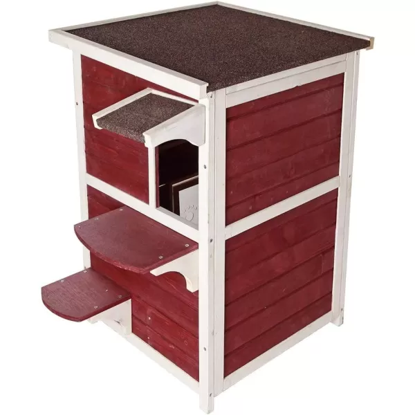 Petsfit Cat House Outdoor Weatherproof for 12 Cats Sizing 34quot Lx18 Wx23 HWooden Outside Cat House with Corrido and Escape Door WhiteTwo StroyRed