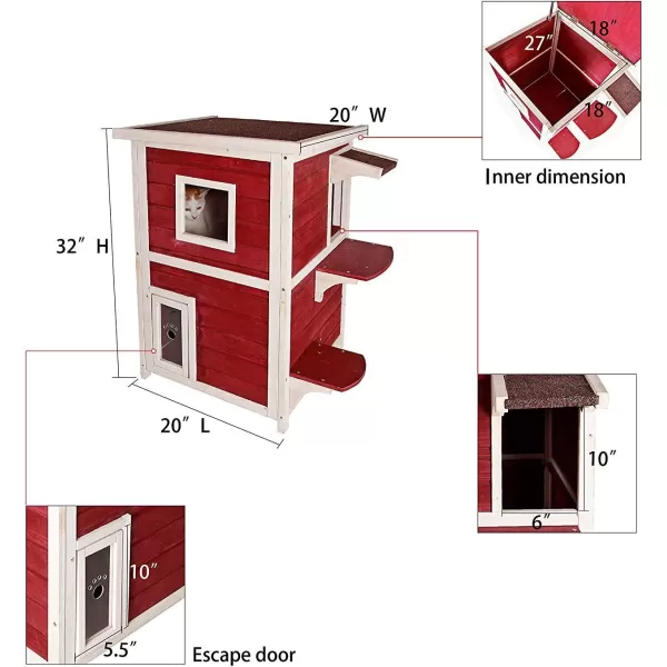 Petsfit Cat House Outdoor Weatherproof for 12 Cats Sizing 34quot Lx18 Wx23 HWooden Outside Cat House with Corrido and Escape Door WhiteTwo StroyRed