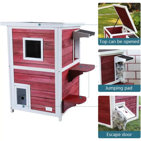 Petsfit Cat House Outdoor Weatherproof for 12 Cats Sizing 34quot Lx18 Wx23 HWooden Outside Cat House with Corrido and Escape Door WhiteTwo StroyRed