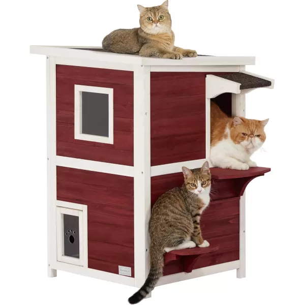 Petsfit Cat House Outdoor Weatherproof for 12 Cats Sizing 34quot Lx18 Wx23 HWooden Outside Cat House with Corrido and Escape Door WhiteTwo StroyRed A