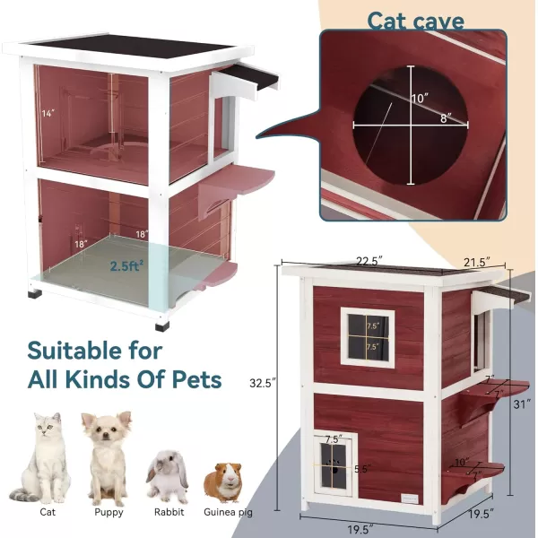 Petsfit Cat House Outdoor Weatherproof for 12 Cats Sizing 34quot Lx18 Wx23 HWooden Outside Cat House with Corrido and Escape Door WhiteTwo StroyRed A