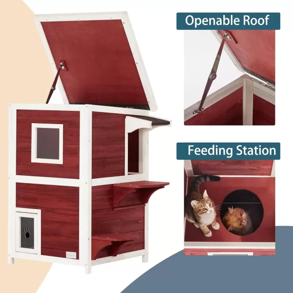 Petsfit Cat House Outdoor Weatherproof for 12 Cats Sizing 34quot Lx18 Wx23 HWooden Outside Cat House with Corrido and Escape Door WhiteTwo StroyRed A