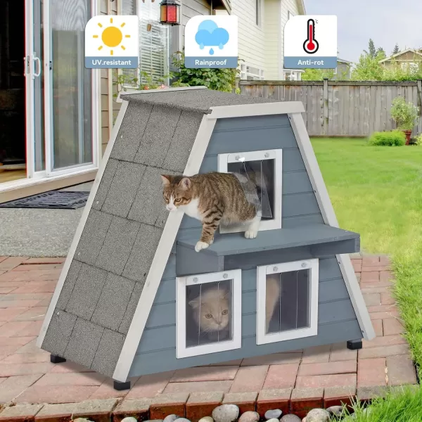 Petsfit Cat House for Outdoor Indoor Cats Weatherproof Outside Feral Cat Shelter with Escape DoorATwo StoryGrey