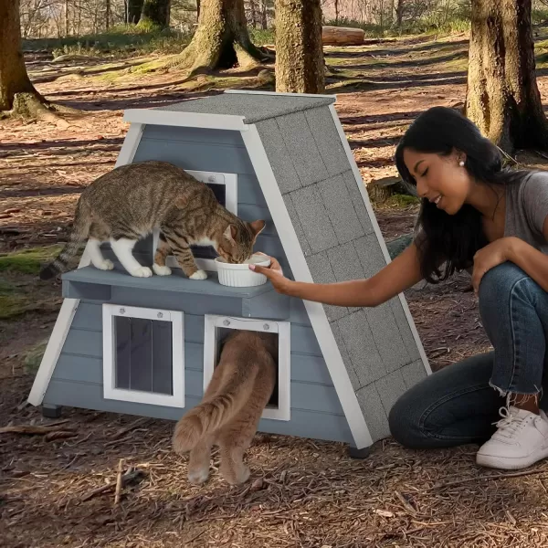 Petsfit Cat House for Outdoor Indoor Cats Weatherproof Outside Feral Cat Shelter with Escape DoorATwo StoryGrey