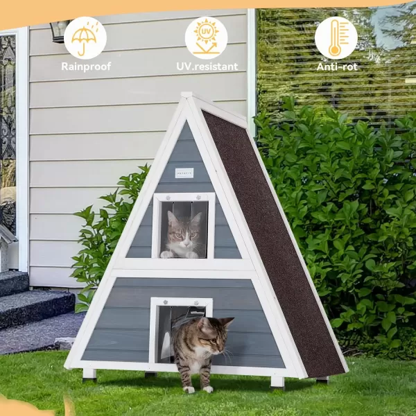 Petsfit Cat House for Outdoor Indoor Cats Weatherproof Outside Feral Cat Shelter with Escape DoorBTwo StoryGrey