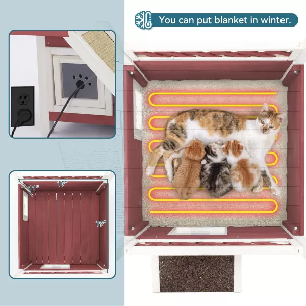 Petsfit Durable Roof Cat House Outdoor Weatherproof with Escape Door Stair or Scratch Board 2 Story Design Perfect for Multi Cats Outside Cat House GrayRedWith Scratchers