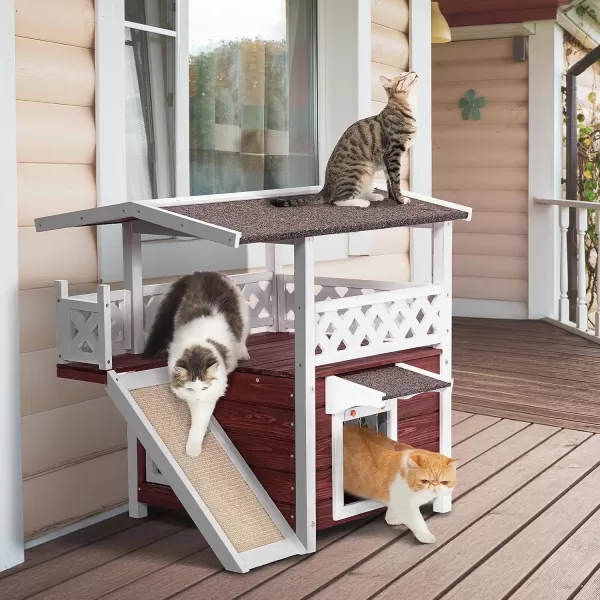 Petsfit Durable Roof Cat House Outdoor Weatherproof with Escape Door Stair or Scratch Board 2 Story Design Perfect for Multi Cats Outside Cat House GrayDark Red