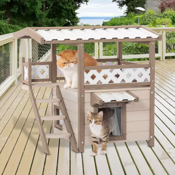 Petsfit Durable Roof Cat House Outdoor Weatherproof with Escape Door Stair or Scratch Board 2 Story Design Perfect for Multi Cats Outside Cat House GrayBrownWith Ladder