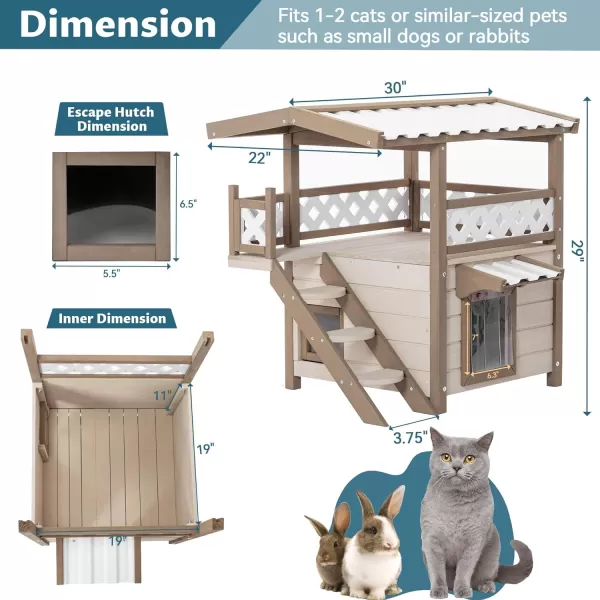 Petsfit Durable Roof Cat House Outdoor Weatherproof with Escape Door Stair or Scratch Board 2 Story Design Perfect for Multi Cats Outside Cat House GrayBrownWith Ladder