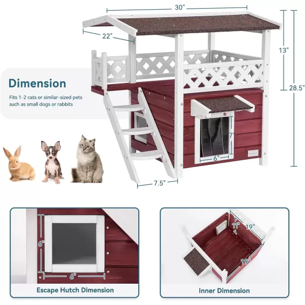 Petsfit Durable Roof Cat House Outdoor Weatherproof with Escape Door Stair or Scratch Board 2 Story Design Perfect for Multi Cats Outside Cat House GrayRed