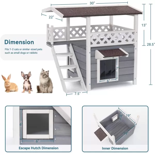 Petsfit Durable Roof Cat House Outdoor Weatherproof with Escape Door Stair or Scratch Board 2 Story Design Perfect for Multi Cats Outside Cat House GrayGray