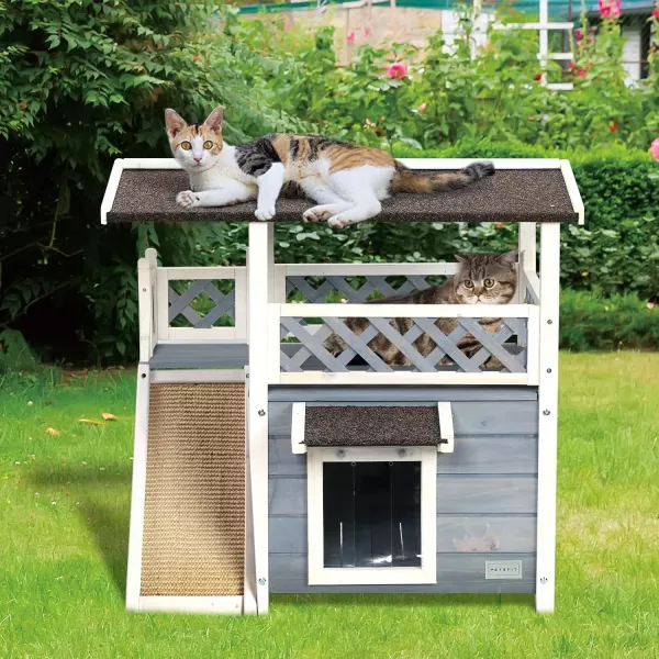 Petsfit Durable Roof Cat House Outdoor Weatherproof with Escape Door Stair or Scratch Board 2 Story Design Perfect for Multi Cats Outside Cat House GrayGrayWith Scratchers