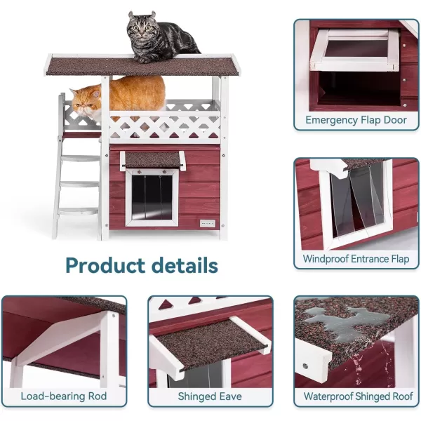 Petsfit Durable Roof Cat House Outdoor Weatherproof with Escape Door Stair or Scratch Board 2 Story Design Perfect for Multi Cats Outside Cat House GrayRed