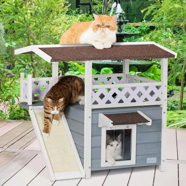 Petsfit Durable Roof Cat House Outdoor Weatherproof with Escape Door Stair or Scratch Board 2 Story Design Perfect for Multi Cats Outside Cat House GrayGrayWith ScratchersB