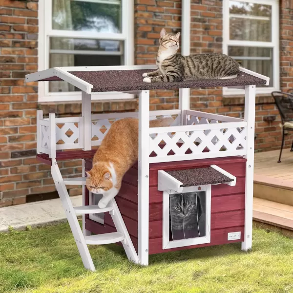 Petsfit Durable Roof Cat House Outdoor Weatherproof with Escape Door Stair or Scratch Board 2 Story Design Perfect for Multi Cats Outside Cat House GrayRed