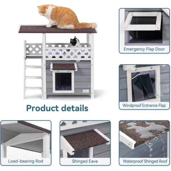 Petsfit Durable Roof Cat House Outdoor Weatherproof with Escape Door Stair or Scratch Board 2 Story Design Perfect for Multi Cats Outside Cat House GrayGray